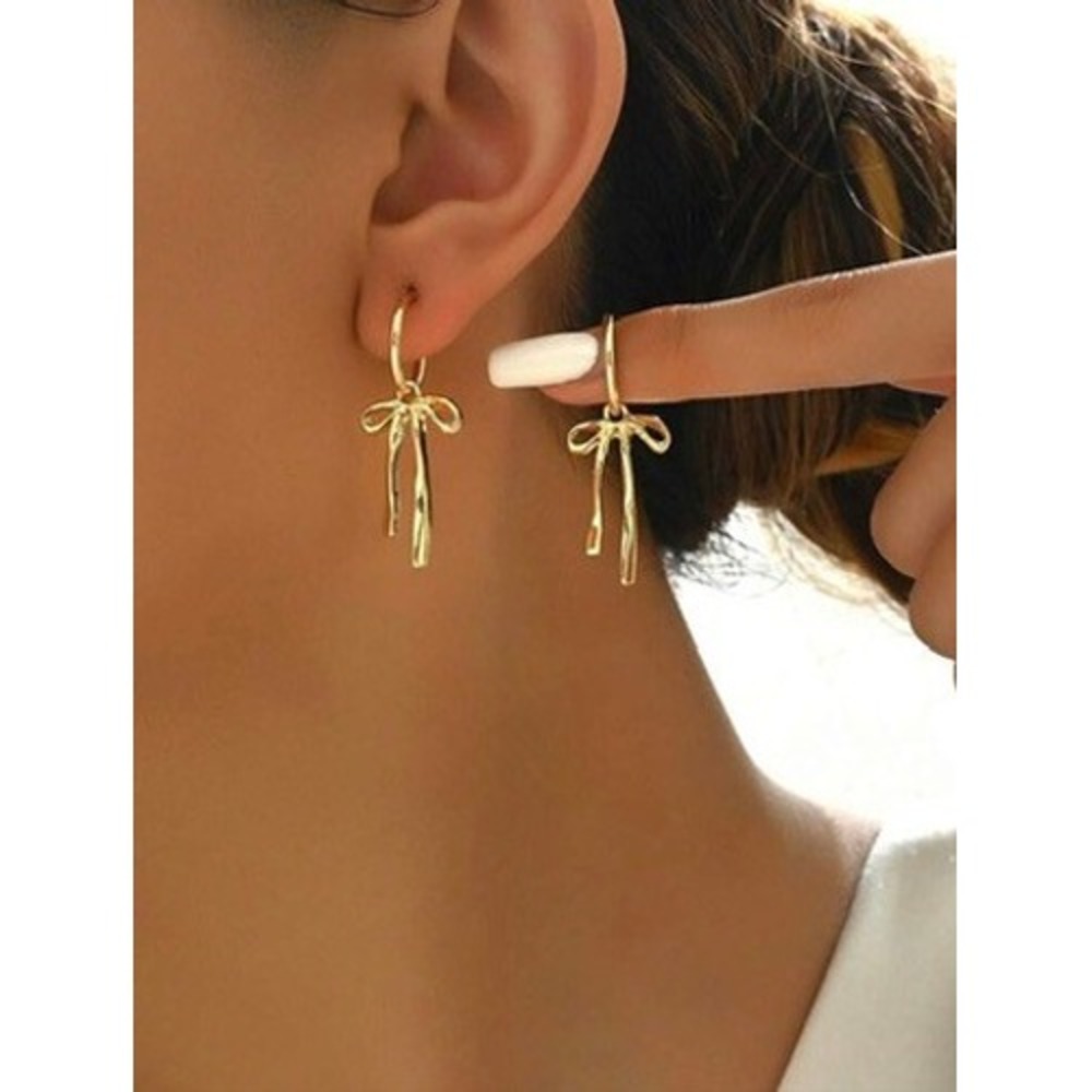 Gold Ribbon Bow Hoop Earrings Dainty Coquette Balletcore Drop Earrings Gold Tone